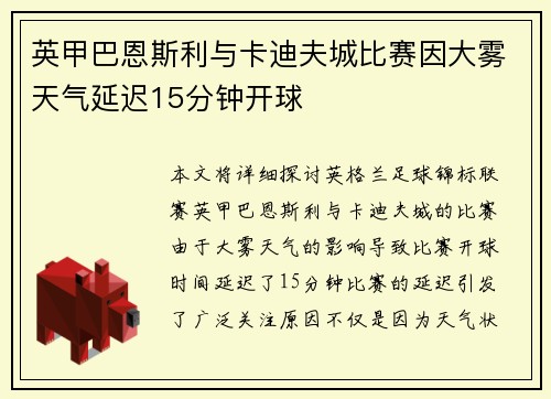 英甲巴恩斯利与卡迪夫城比赛因大雾天气延迟15分钟开球